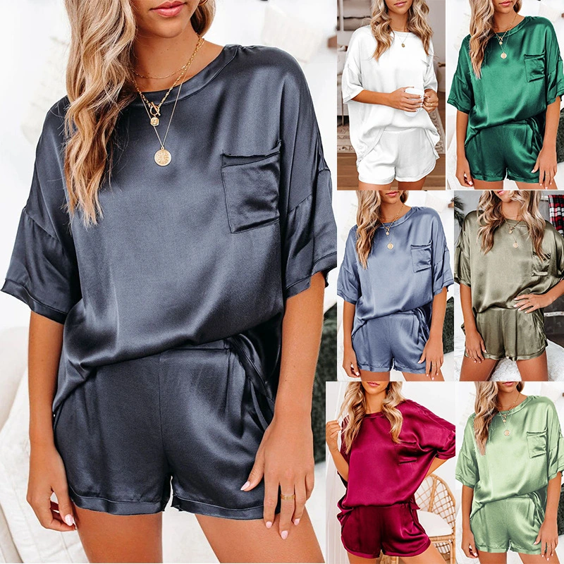 Women Sexy Satin Robes Short Sleeve Pajamas Summer Satin Pajamas