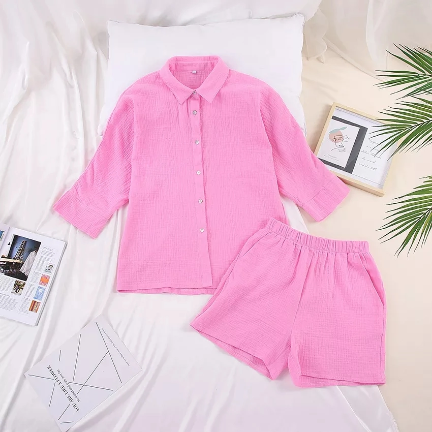 in Stock Wholesale Plain Color Breathable Lounge Wear Sleepwear Pajamas Set Cotton Gauze Pajamas Sleepwear