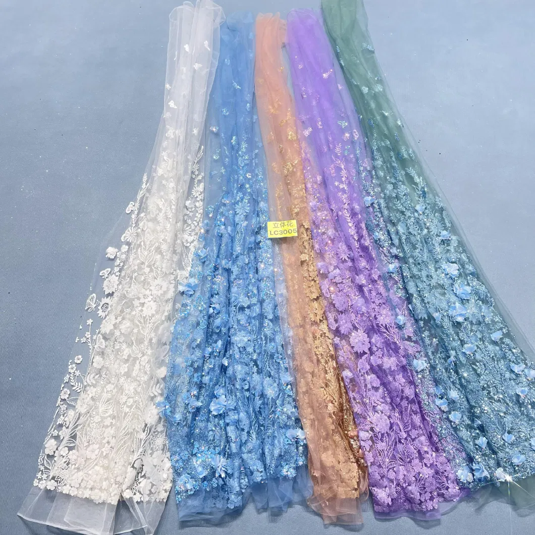 2023 New Iridescent Blue 3D Flower Tulle Glitter Lace Fabric for Evening Dress