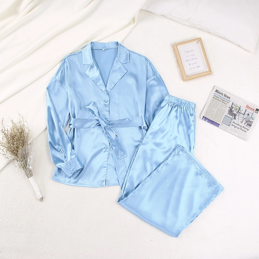 Autumn Trouser Suits Lace up Full Sleeves Satin Lounge Wear Robe Sleepwear Women Pajama